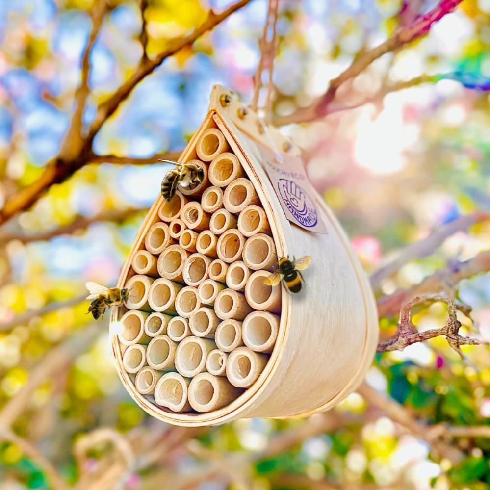 Pollinating Palace - Handcrafted Eco-Friendly Wooden Hanging Bee House, Natural Habitat with Bamboo Tubes to Attract Bees to Your Garden and Yard
