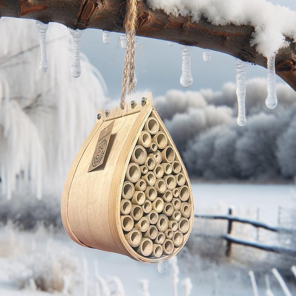 Pollinating Palace-Mason Bee House, Natural Hanging Wooden bee House Habitat with Bamboo Tubes for The Garden and Yard