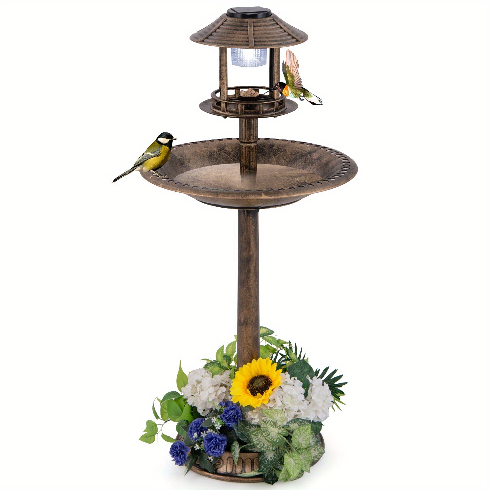 3-In-1 Pedestal Bird Bath with Solar Light with Bird Feeder & Flower Planter, Patio Decoration, Wildlife Habitat, Stylish Garden Ornament, Elegant Garden Feature, Solarpowered Design, Highquality Finish, Multifunctio