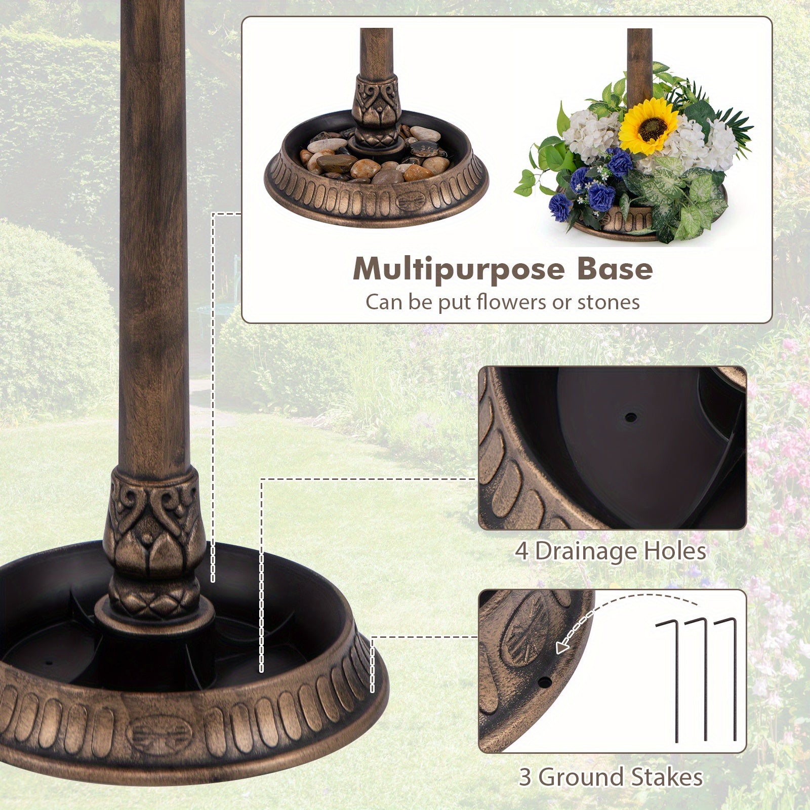 3-In-1 Pedestal Bird Bath with Solar Light with Bird Feeder & Flower Planter, Patio Decoration, Wildlife Habitat, Stylish Garden Ornament, Elegant Garden Feature, Solarpowered Design, Highquality Finish, Multifunctio