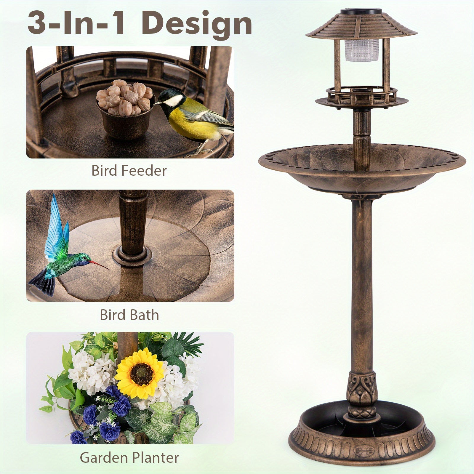 3-In-1 Pedestal Bird Bath with Solar Light with Bird Feeder & Flower Planter, Patio Decoration, Wildlife Habitat, Stylish Garden Ornament, Elegant Garden Feature, Solarpowered Design, Highquality Finish, Multifunctio