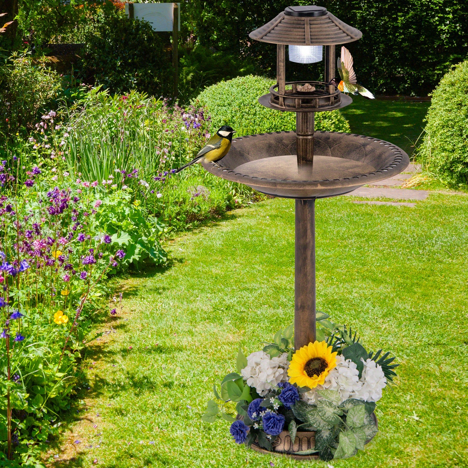3-In-1 Pedestal Bird Bath with Solar Light with Bird Feeder & Flower Planter, Patio Decoration, Wildlife Habitat, Stylish Garden Ornament, Elegant Garden Feature, Solarpowered Design, Highquality Finish, Multifunctio