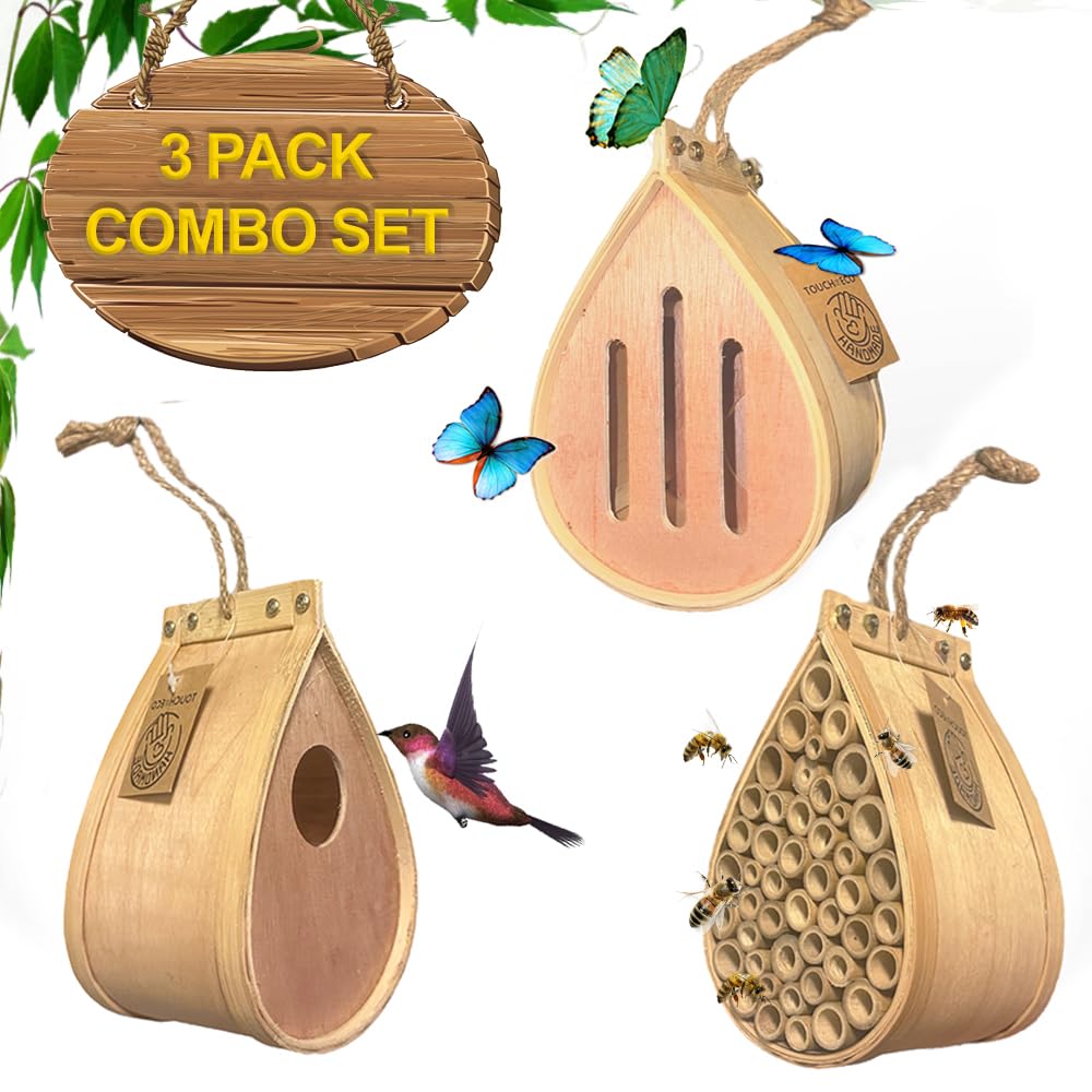 3 Pack Pollination Palace Combo Set - Wooden Bee House, Butterfly House and Bird House. Ideal for Flower and Vegetable Gardens; Perfect Gifts