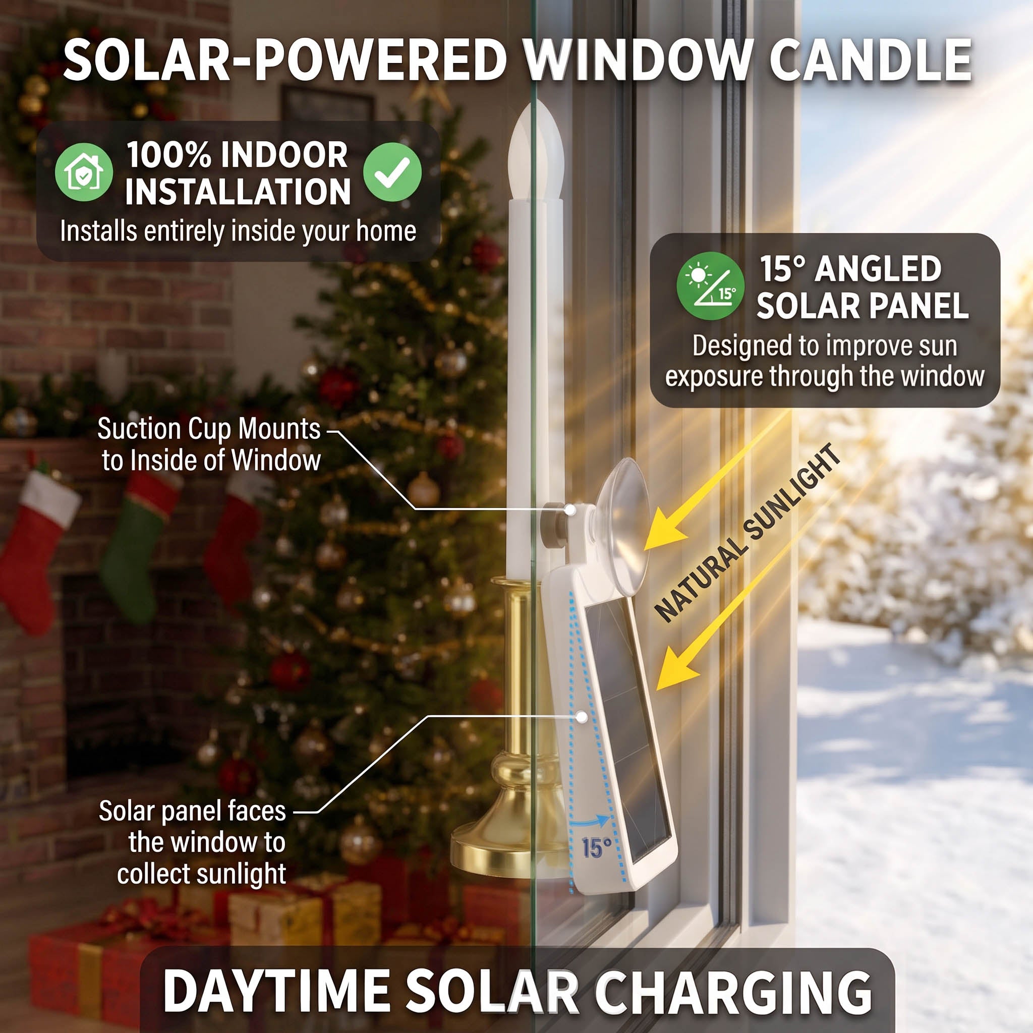 CAROLITE PRO Solar Window Candle Lights - 2 Pack, Detachable Flicker or Steady LED Candles with Gold Base