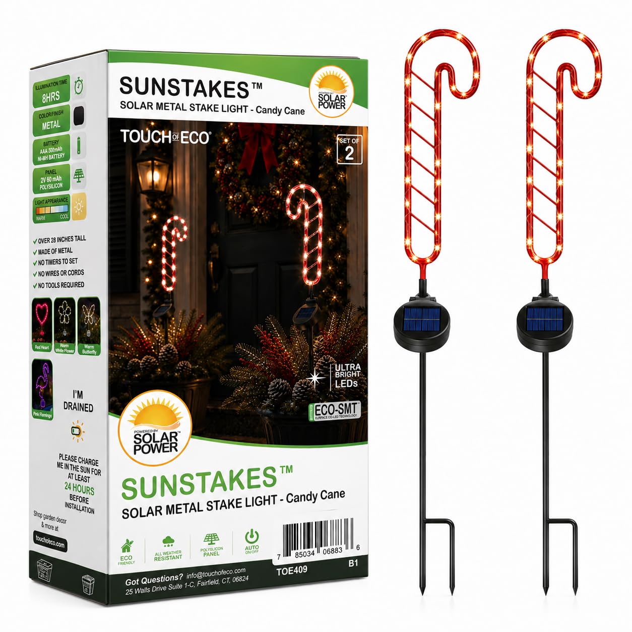 Outdoor Solar Powered LED Candy Cane Christmas Stake Light - 2 Pack, 28 Inch Red & White