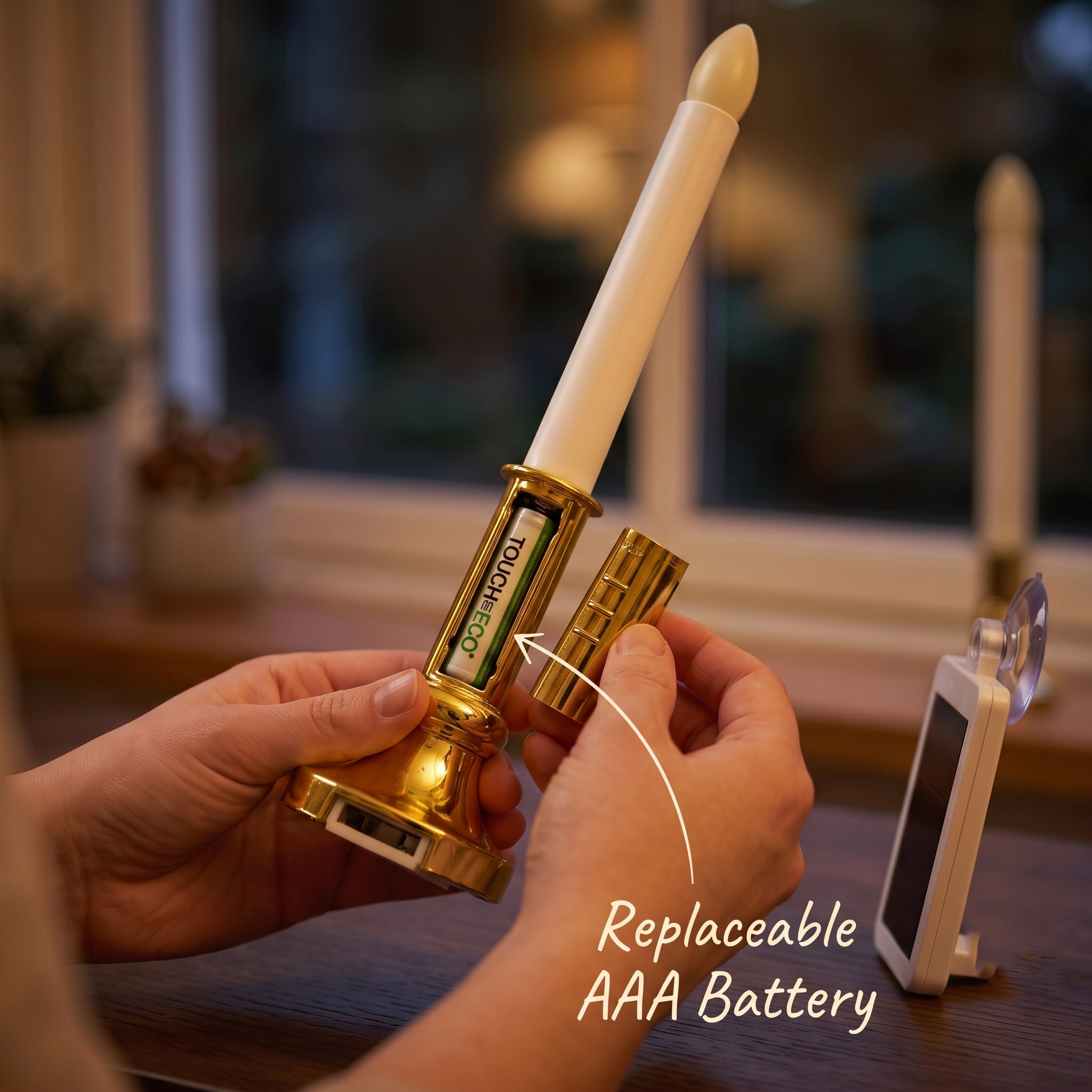 CAROLITE PRO Solar Window Candle Lights - 2 Pack, Detachable Flicker or Steady LED Candles with Gold Base