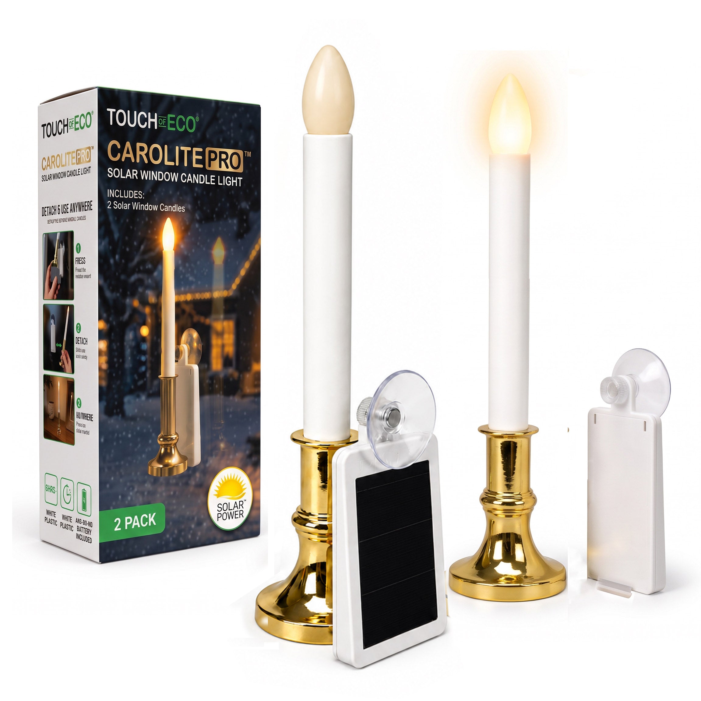 CAROLITE PRO Solar Window Candle Lights - 2 Pack, Detachable Flicker or Steady LED Candles with Gold Base