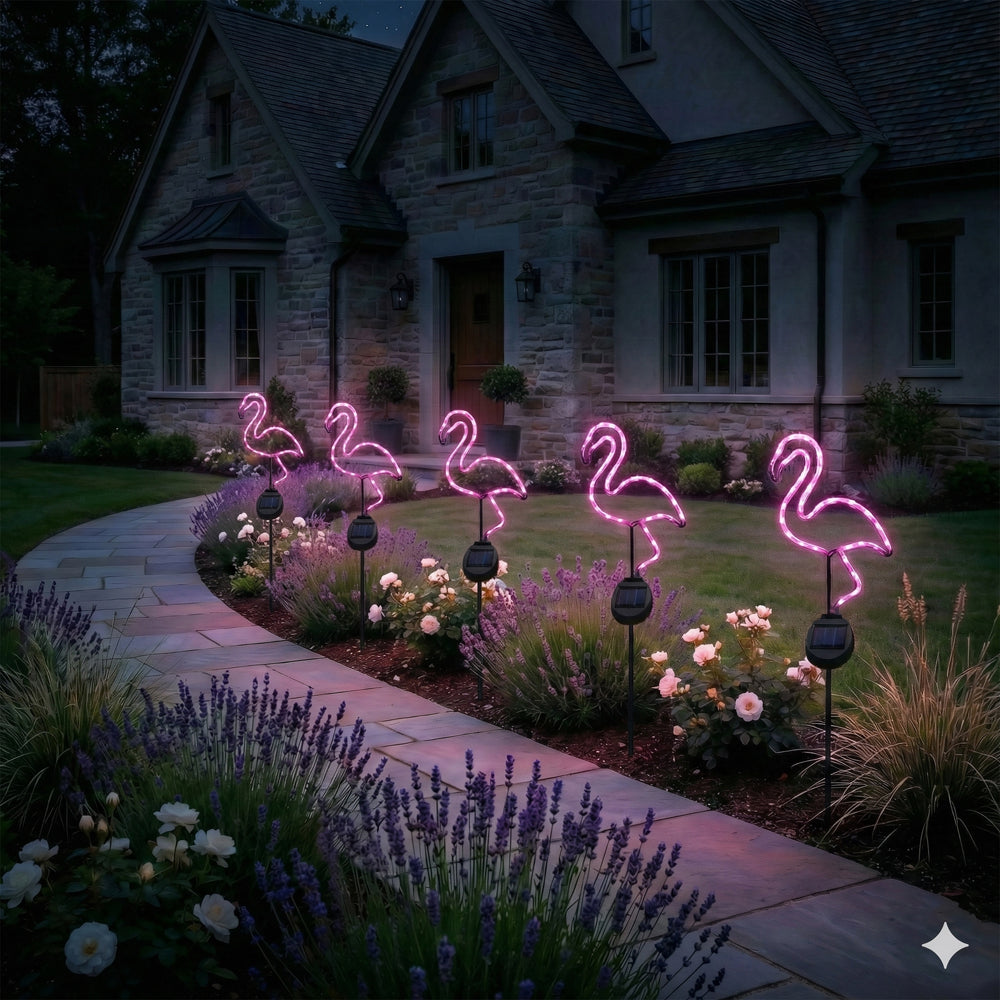 flamingo patio umbrella lights SunStake 🦩Flamingo-Shaped Metal Frame Solar LED Garden Lights (Set of 2)
