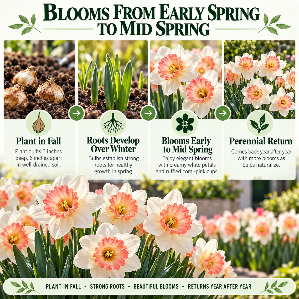 Pink Daffodil Flower Bulbs – Large-Cup Pink Charm Daffodils – Spring Blooming Perennial
