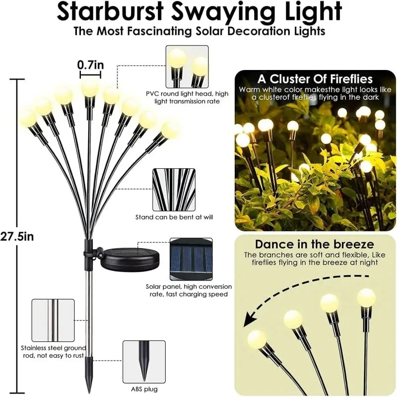 New Upgraded Solar Powered LED Firefly Garden Lights Outdoor Waterproof Wind-Driven Swaying Lawn Lamp Ground Plug for Yard Patio
