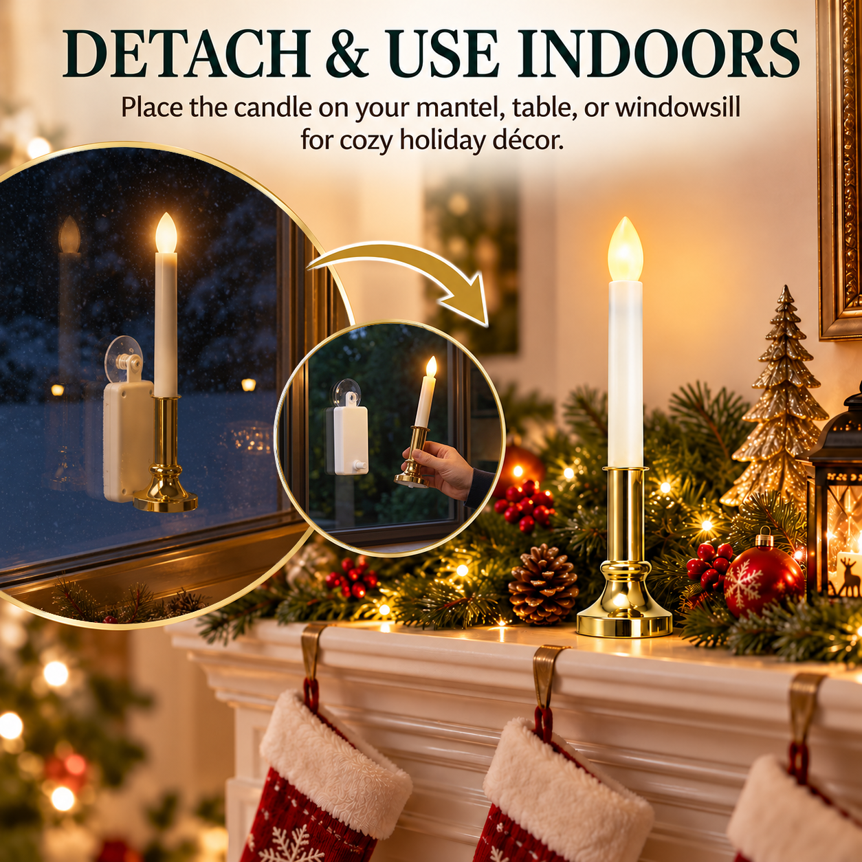 CAROLITE PRO Solar Window Candle Lights - 2 Pack, Detachable Flicker or Steady LED Candles with Gold Base