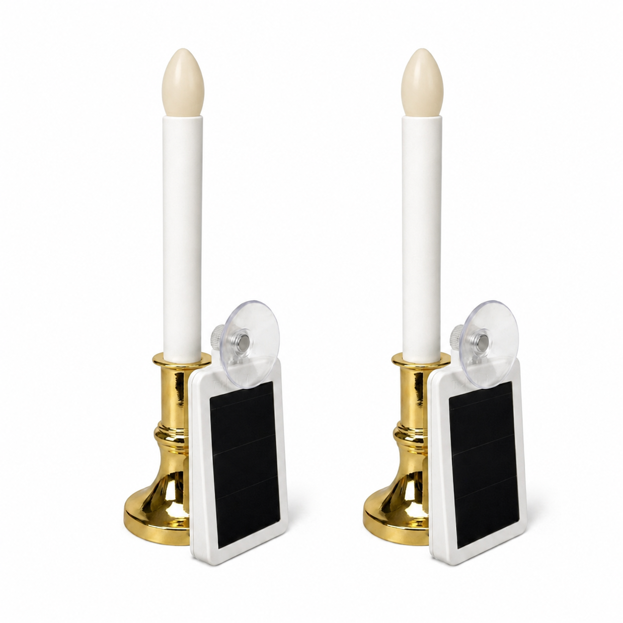 CAROLITE PRO Solar Window Candle Lights - 2 Pack, Detachable Flicker or Steady LED Candles with Gold Base