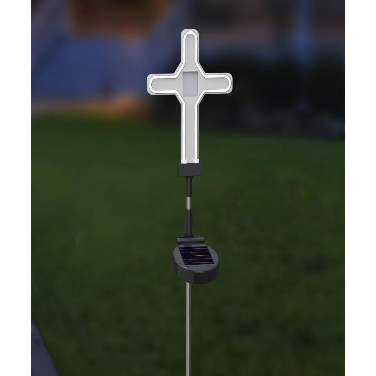 Solar Neon Memorial Cross Outdoor Garden Stake Light w/Personalized Picture Frame - Honor Pets, Humans, Graves Cemetery Decorations Markers, Cool White LED Light