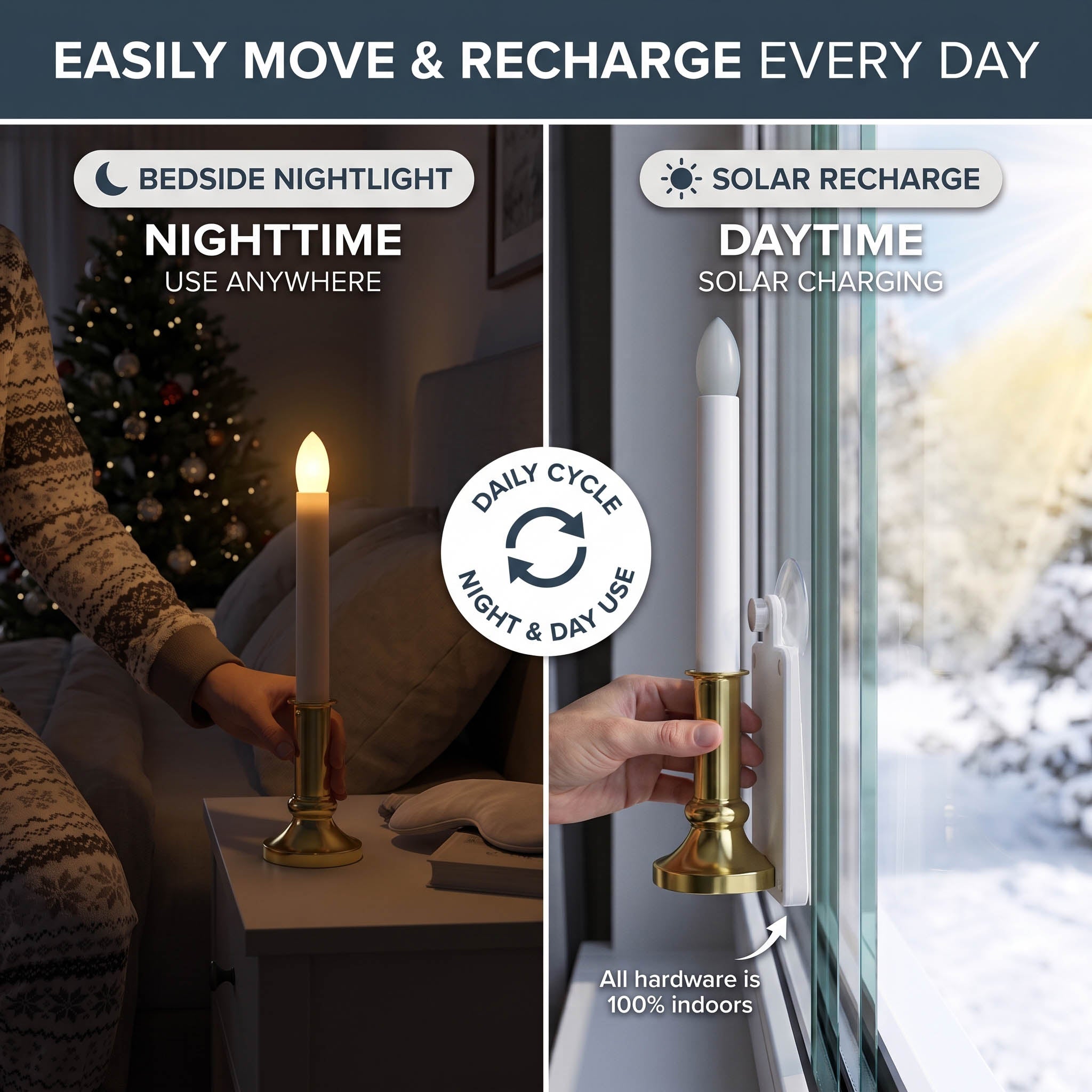 CAROLITE PRO Solar Window Candle Lights - 2 Pack, Detachable Flicker or Steady LED Candles with Gold Base