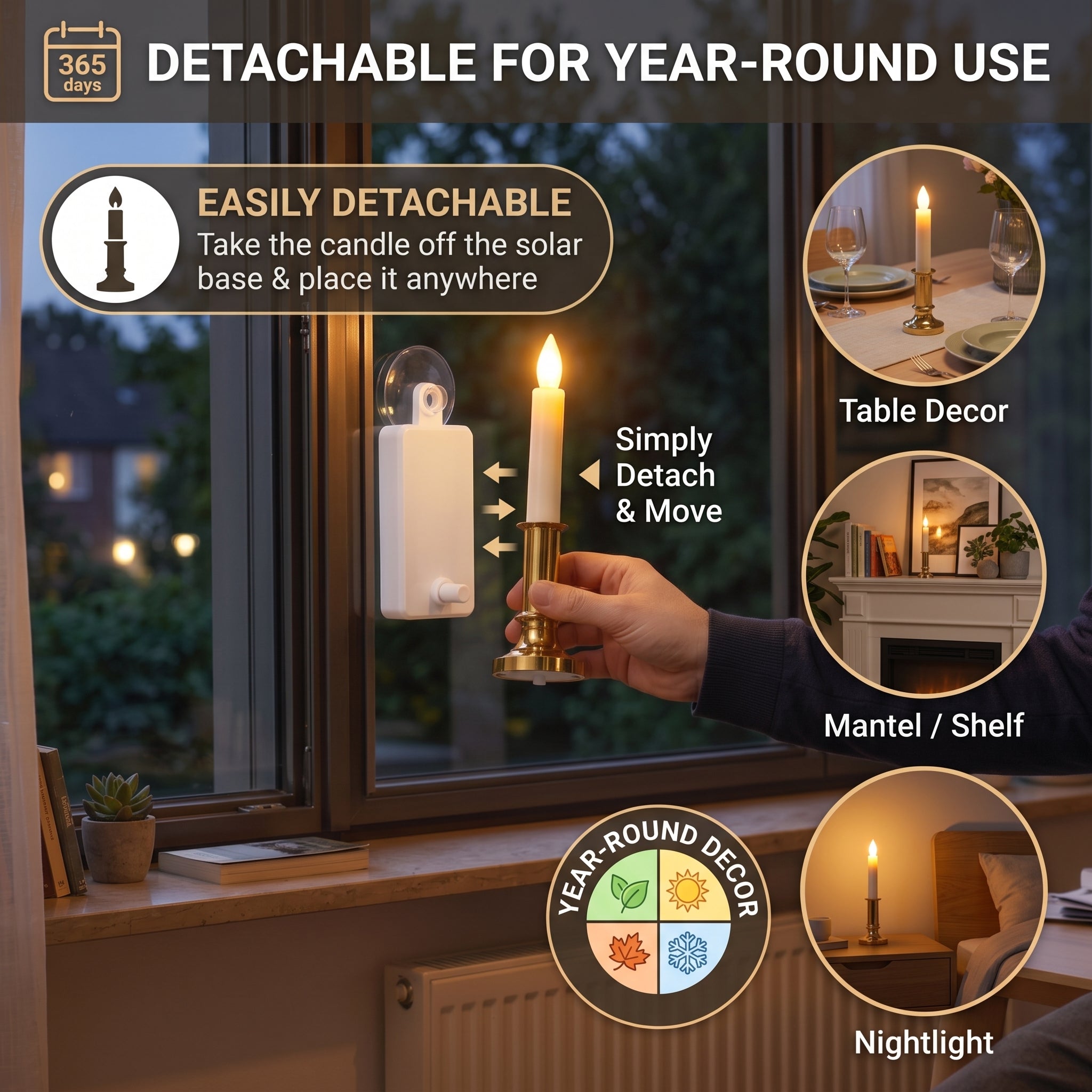 CAROLITE PRO Solar Window Candle Lights - 2 Pack, Detachable Flicker or Steady LED Candles with Gold Base
