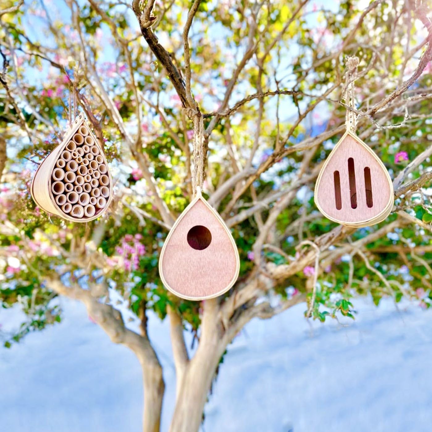 3 Pack Pollination Palace Combo Set - Wooden Bee House, Butterfly House and Bird House. Ideal for Flower and Vegetable Gardens; Perfect Gifts