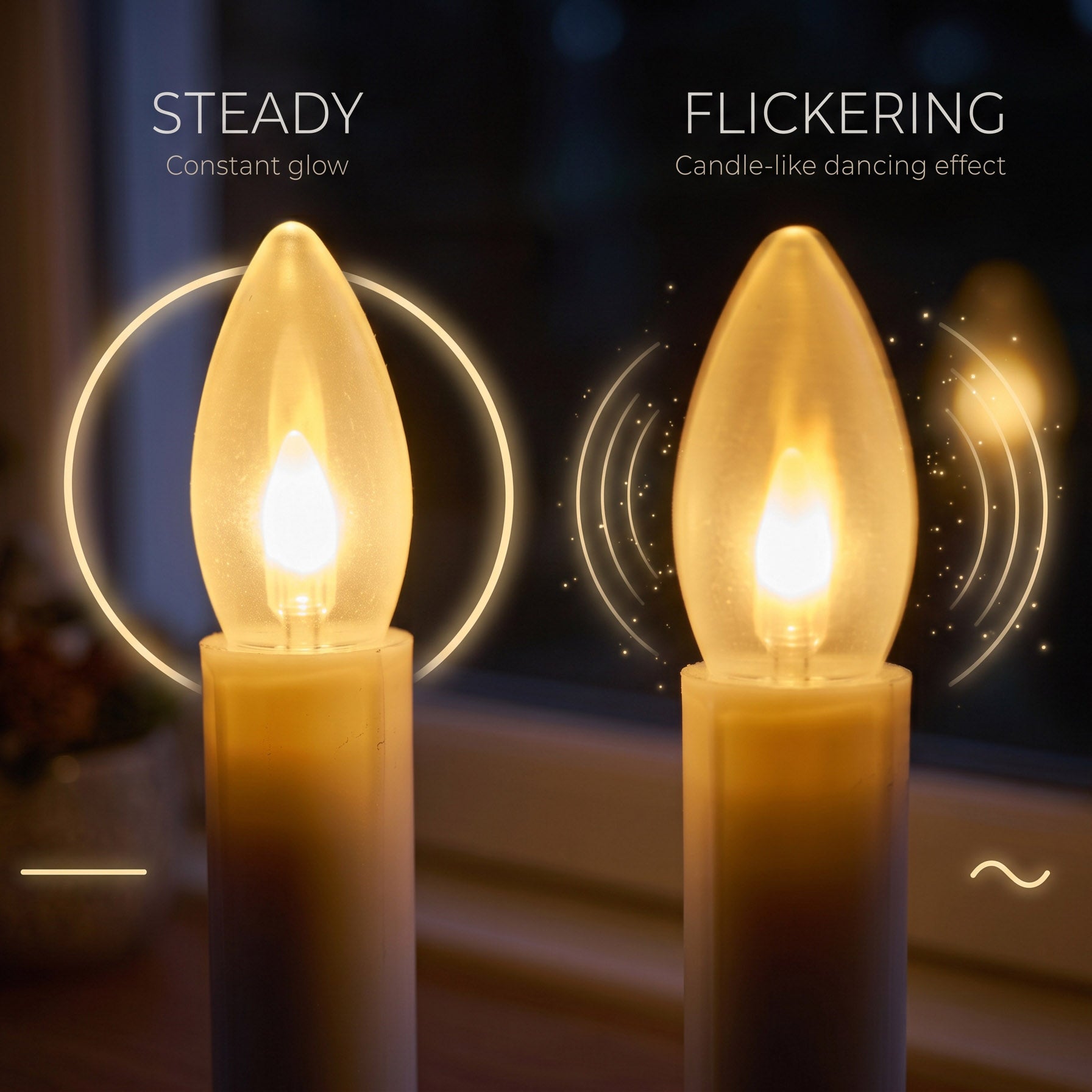 CAROLITE PRO Solar Window Candle Lights - 2 Pack, Detachable Flicker or Steady LED Candles with Gold Base