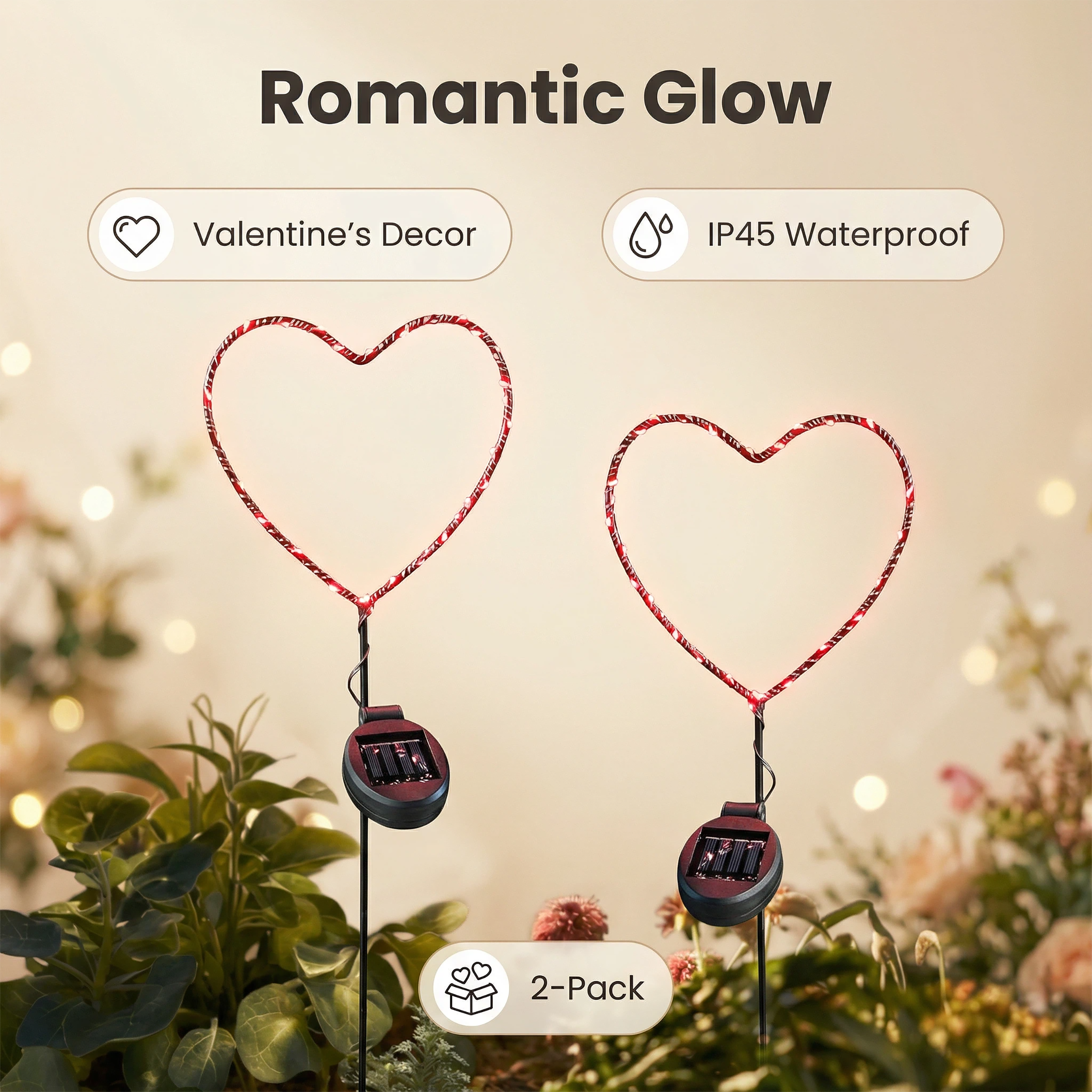 SunStake ❤️ Heart-Shaped Metal Frame Solar LED Garden Lights (Set of 2)