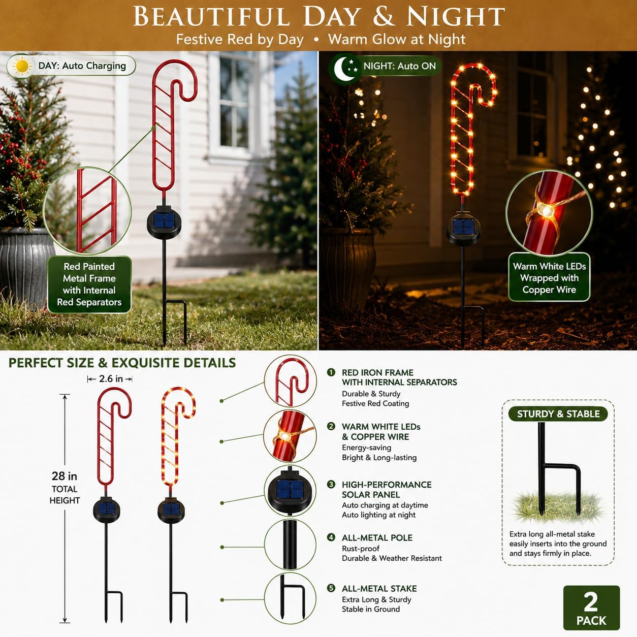 Outdoor Solar Powered LED Candy Cane Christmas Stake Light - 2 Pack, 28 Inch Red & White