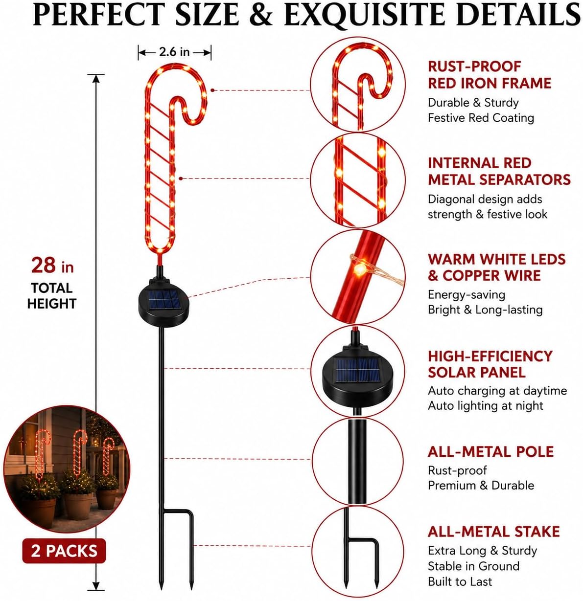 Outdoor Solar Powered LED Candy Cane Christmas Stake Light - 2 Pack, 28 Inch Red & White