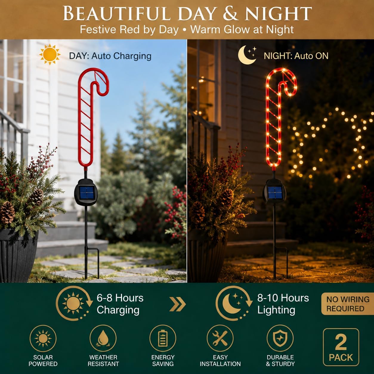 Outdoor Solar Powered LED Candy Cane Christmas Stake Light - 2 Pack, 28 Inch Red & White